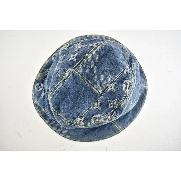 Louis Vuitton Nigo Blue Monogram Giant Wave Denim Logo Sun Bucket Hat M 58cm
